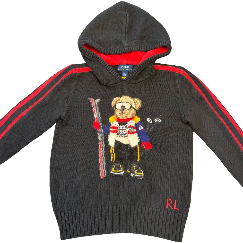 Polo Ralph Lauren Kids Unisex 7 Polo Ski Bear Black Cotton Knit Sweater Hoodie